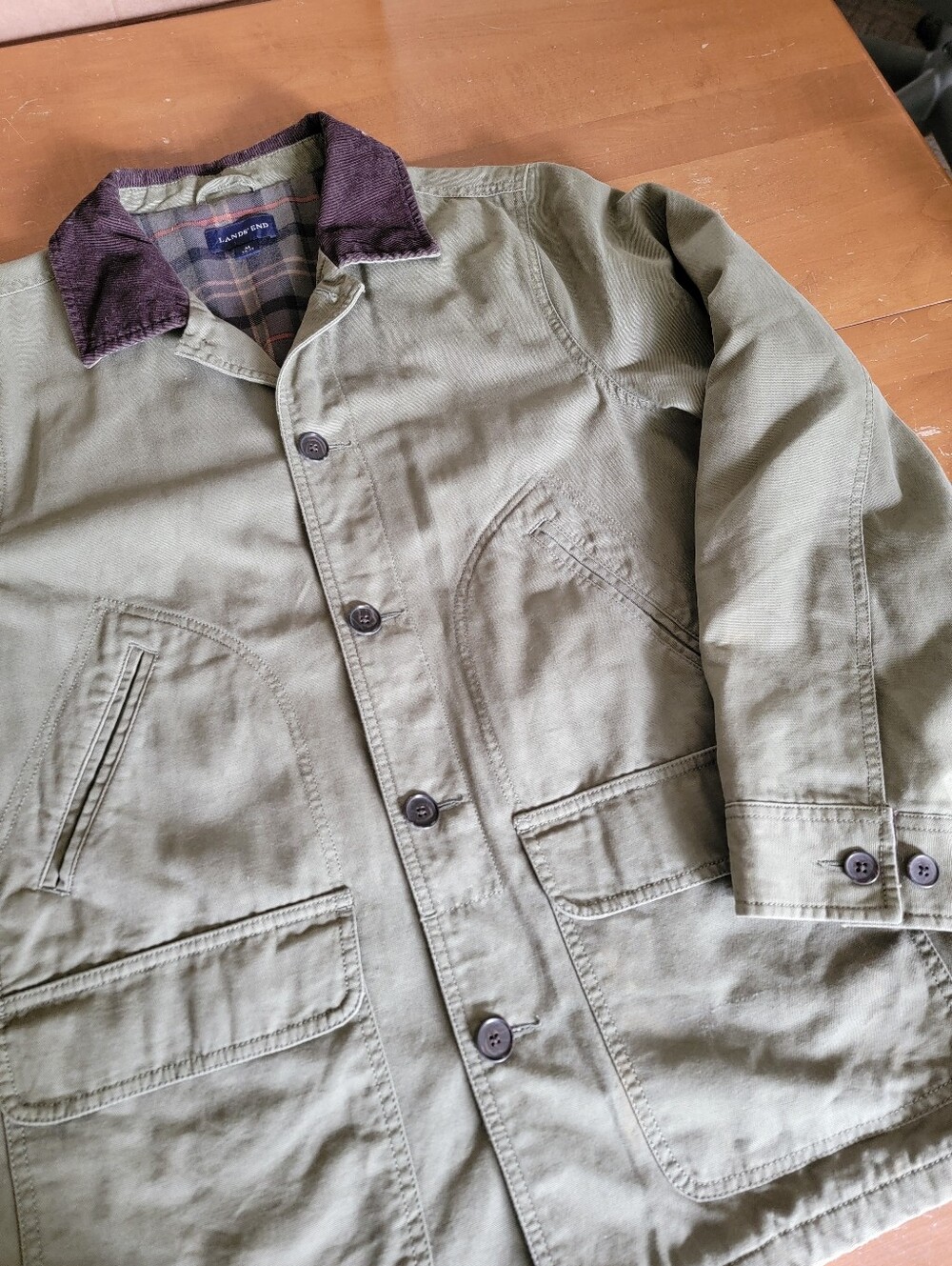 Lands' End Men's Olive Green Field Jacket Brown Corduroy Collar Size M